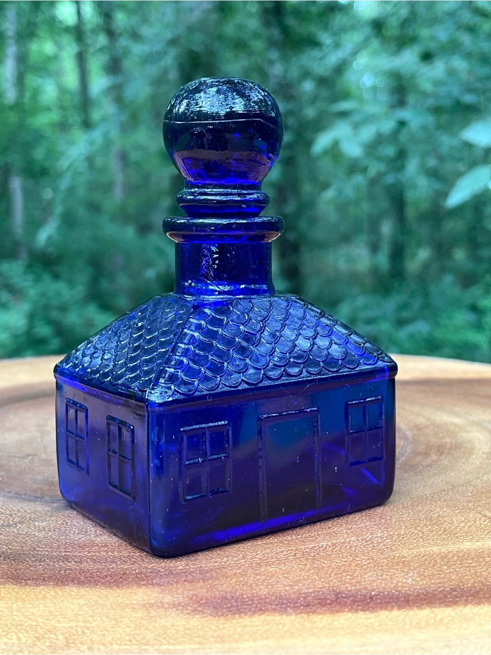 VTG Cobalt Blue Glass House Shaped Inkwell w stopper Japan Decorative Bottle